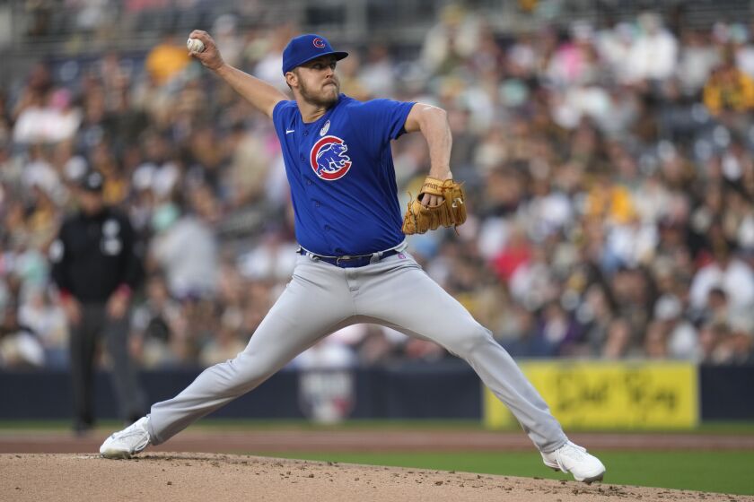 Chicago Cubs starting pitcher Jameson Taillon works against a San Diego Padres batter during the first inning of a baseball game Friday, June 2, 2023, in San Diego. (AP Photo/Gregory Bull)