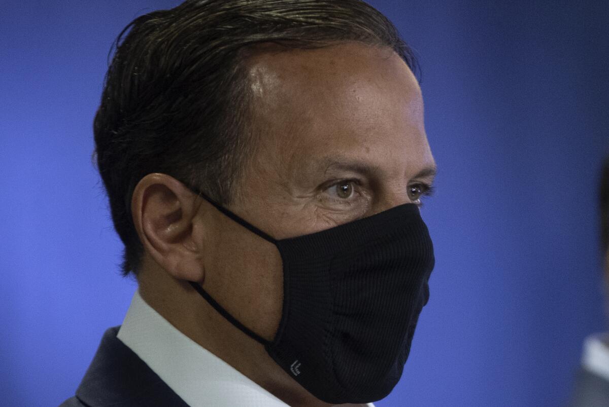 Sao Paulo Gov. Joao Doria at a news conference on an experimental Chinese COVID-19 vaccine