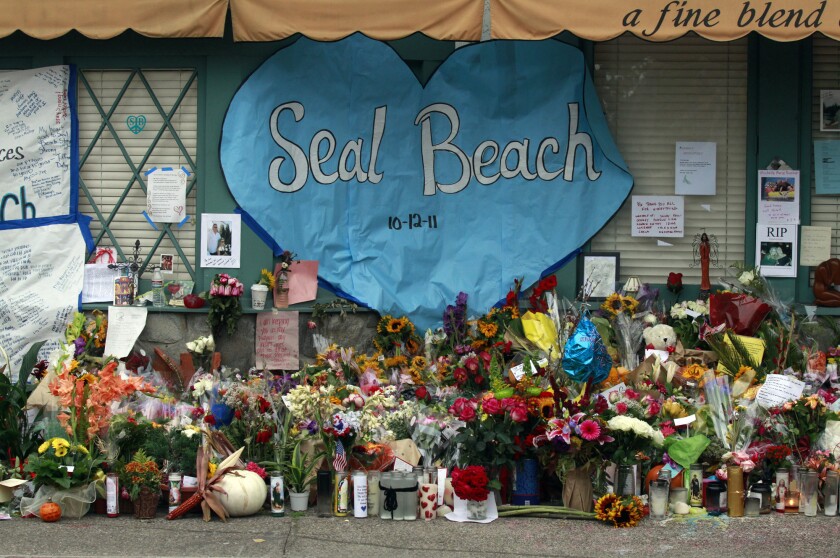 A makeshift memorial to the eight people killed in the 2011 shooting at a Seal Beach salon. 