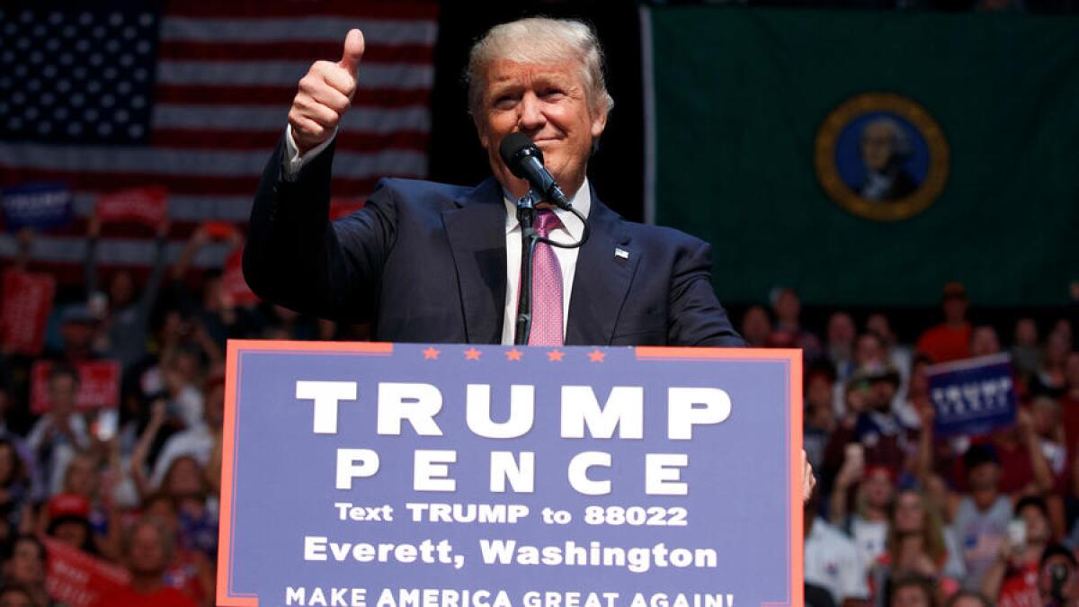 Donald Trump speaks at a rally on Aug. 30 in Everett, Wash.