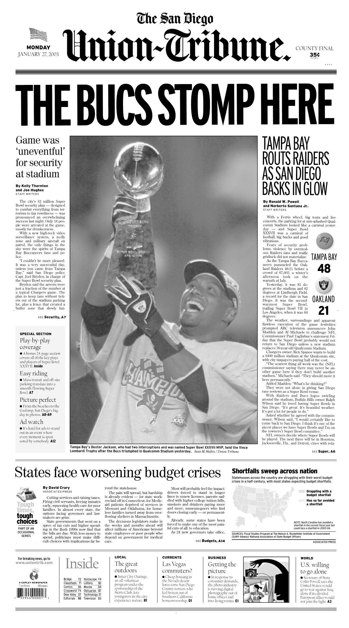 Super Bowl XXXVII dominates the front page of The San Diego Union-Tribune, January 27, 2003.