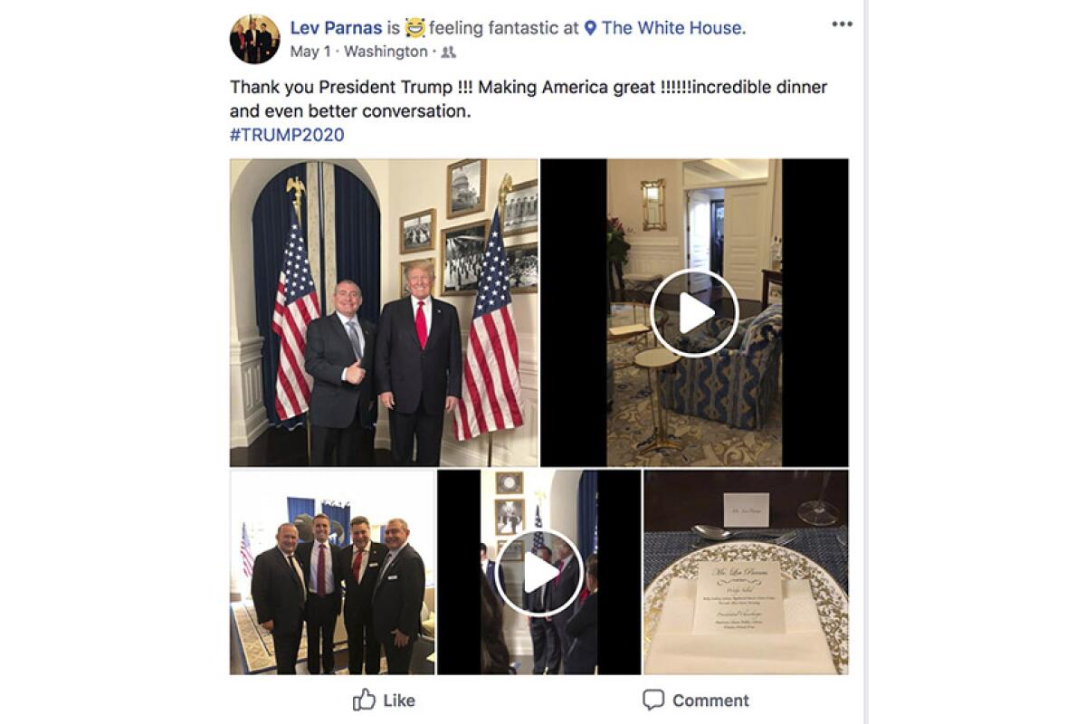 A Facebook screen shot shows President Trump with Lev Parnas, top left, at the White House. Photos and video were posted on May 1, 2018.