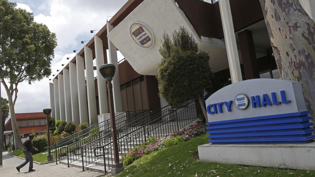 Weak financial oversight and rampant overspending by the city of Compton turned a general fund surplus of $22.4 million a decade ago into a deficit of $42.7 million just three years later, according to a state audit. Above, Compton City Hall.