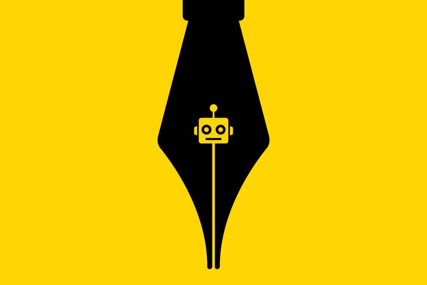 Illustration of a dip pen nib with a robot head in the center on a yellow background.