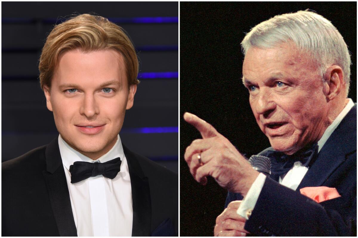 A photo mashup shows a headshot of Ronan Farrow on the left and Frank Sinatra, on the right, speaking into a microphone. 