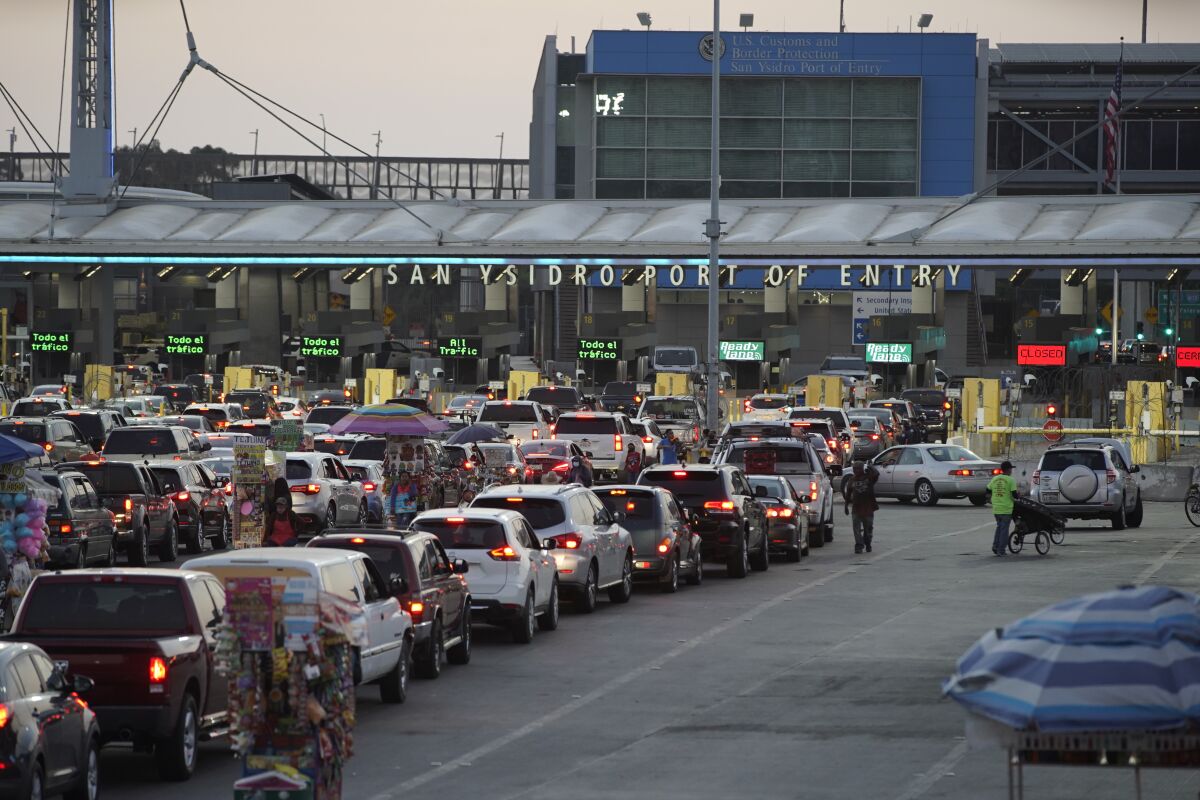 Traffic into San Ysidro from Tijuana in this file photo from Aug. 23, 2020.