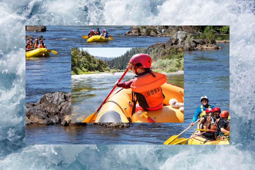Photo collage of white water rafters al all ages over a foamy white splashing water background.