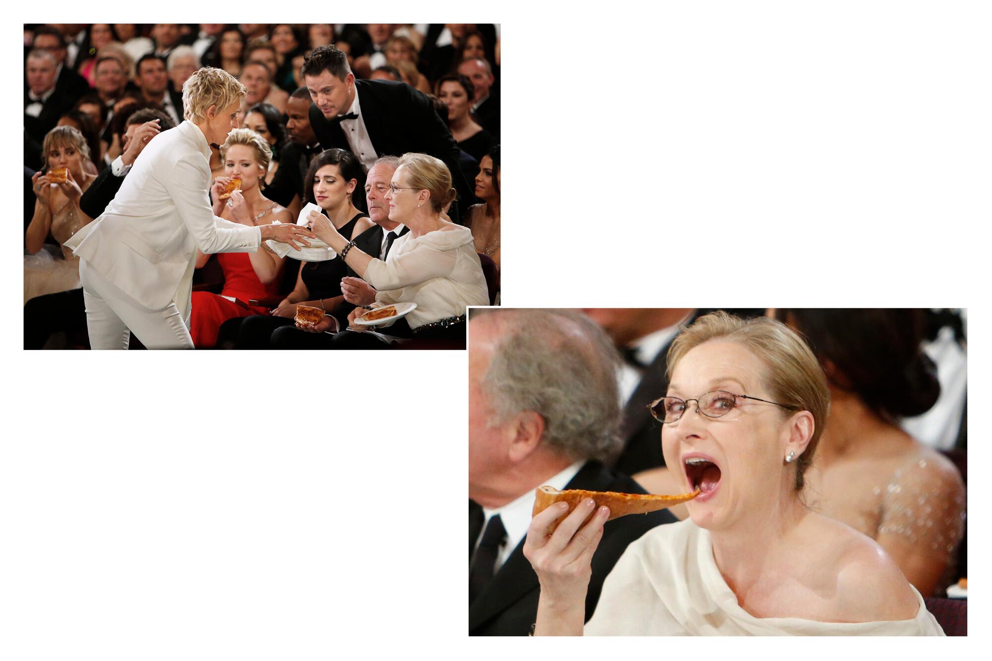 2014: Host Ellen DeGeneres hands out pizza to Meryl Streep, who then takes a bite