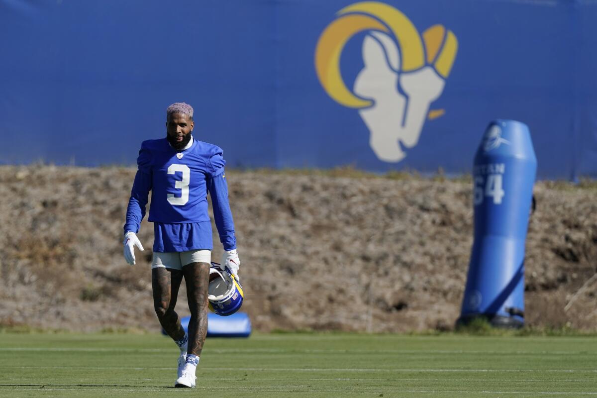 Rams wide receiver Odell Beckham Jr. walks on the field during practice in Thousand Oaks on Saturday.