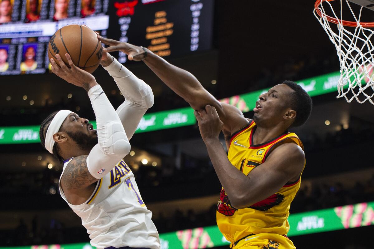 Atlanta Hawks forward Onyeka Okongwu blocks Carmelo Anthony's shot in the second half.