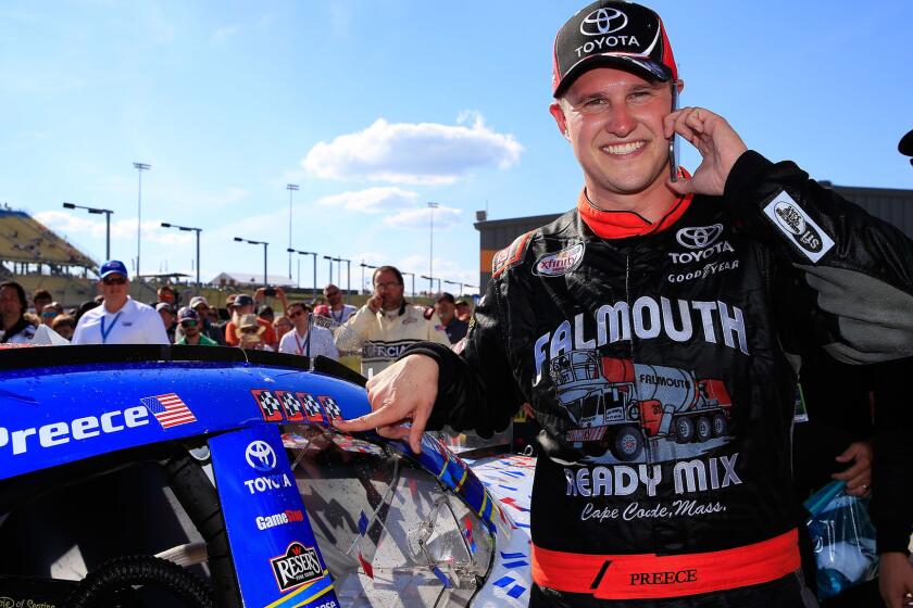 NEWTON, IA - JULY 29: Ryan Preece, driver of the #20 MoHawk Northeast Inc. Toyota, poses with the winner's decal in Victory Lane after winning the NASCAR XFINITY Series US Cellular 250 Presented by American Ethanol at Iowa Speedway on July 29, 2017 in Newton, Iowa. (Photo by Daniel Shirey/Getty Images) ** OUTS - ELSENT, FPG, CM - OUTS * NM, PH, VA if sourced by CT, LA or MoD **