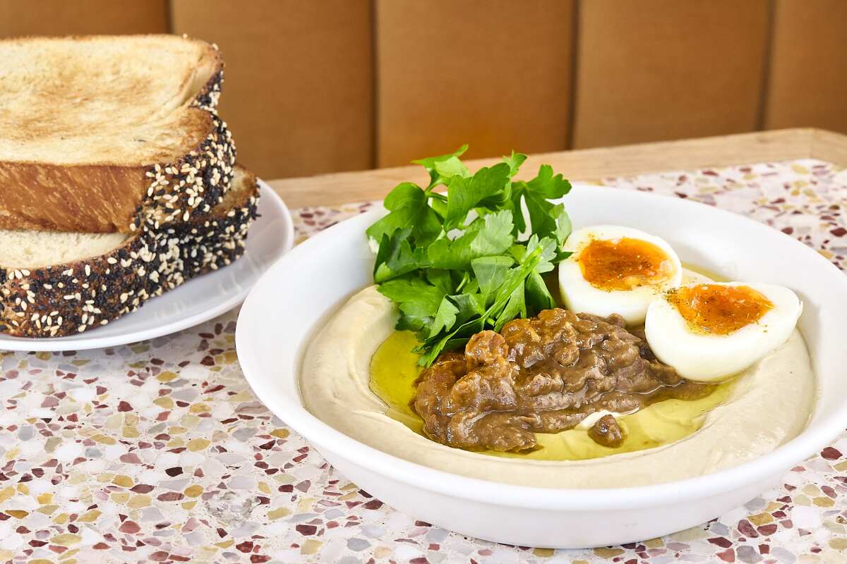 A dish of hummus and soft-boiled eggs at Saffy's in Hollywood.