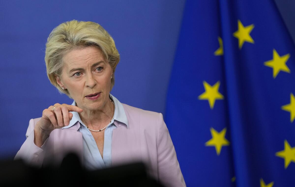European Commission President Ursula von der Leyen speaks during a media conference at EU headquarters in Brussels, Wednesday, Sept. 7, 2022. European Union countries should set a price cap on Russian gas and seek "solidarity contribution" from European oil and gas companies making extraordinary profit from market volatility sparked by the war in Ukraine, European Commission President Ursula von der Leyen said Wednesday. (AP Photo/Virginia Mayo)