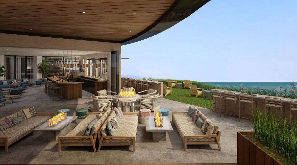 A rendering of the outdoor bar at Alila Marea Beach Resort Encinitas.