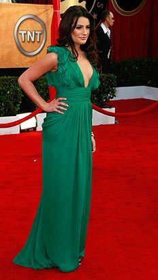 Lea Michele's emerald-green Malandrino dress reflected the evening's rich color trend.