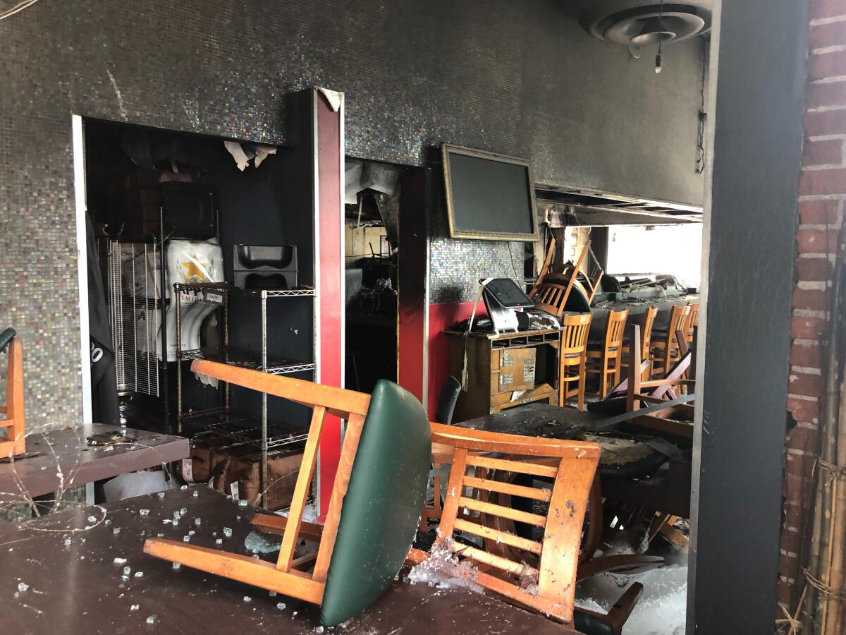 The inside of Sake House in Santa Monica the morning after the restaurant was set on fire.