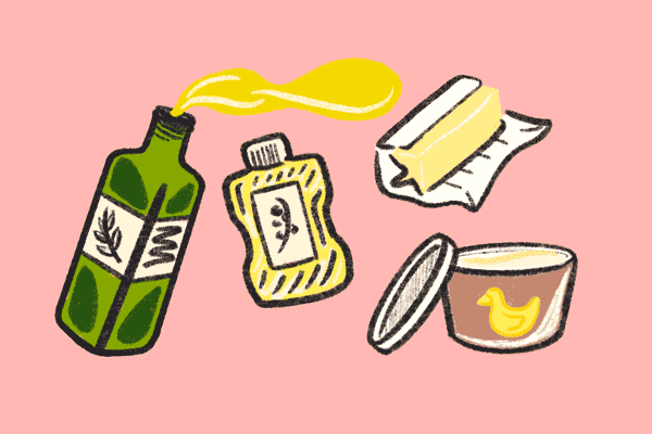 Animated illustration of butter, a bottle of olive oil, a bottle of neutral oil and a tub of solid-looking duck fat.