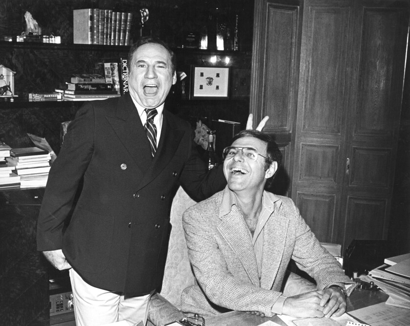Comedian Mel Brooks with record executive Joe Smith, who produced Brooks and Carl Reiner's comedy album "The 2000-Year-Old Man."