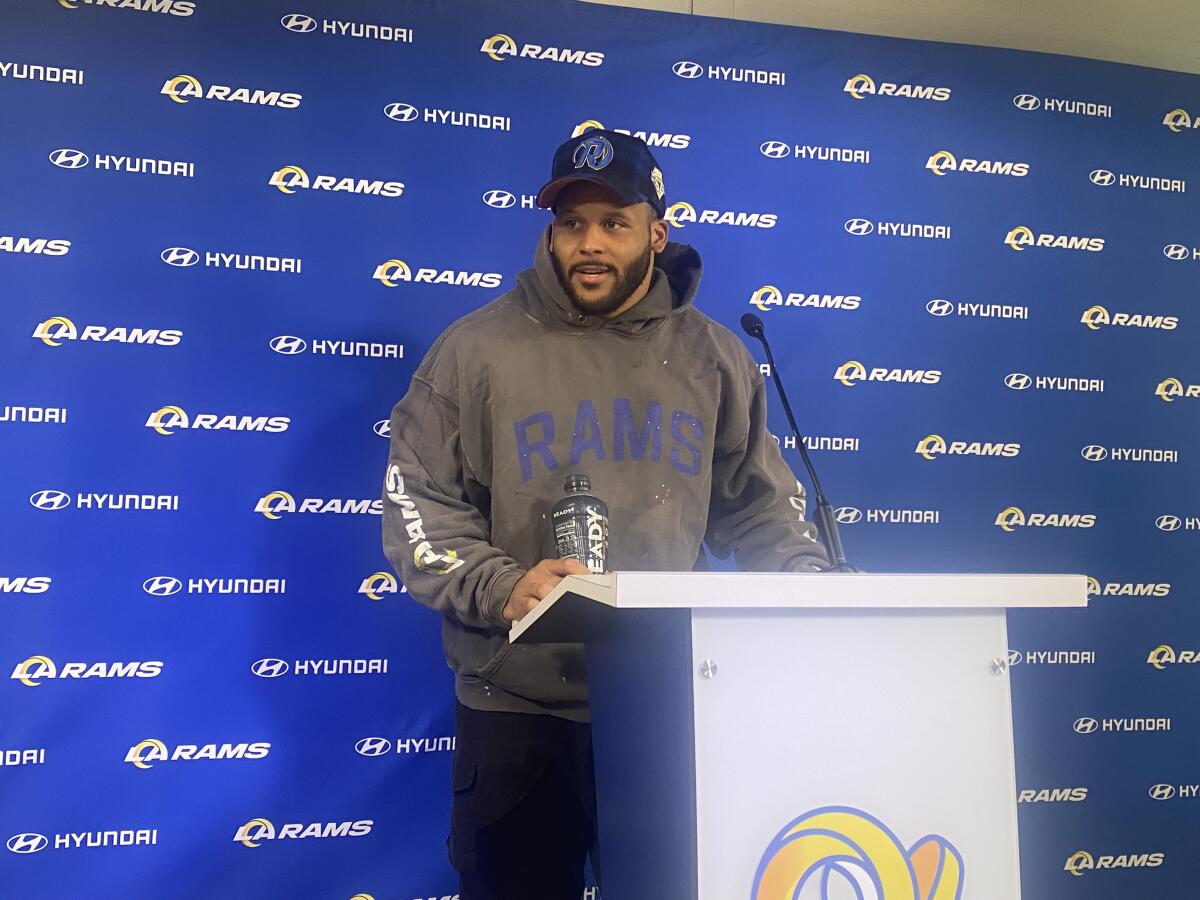 Aaron Donald speaks at a Rams media conference Wednesday on May 10, 2023.