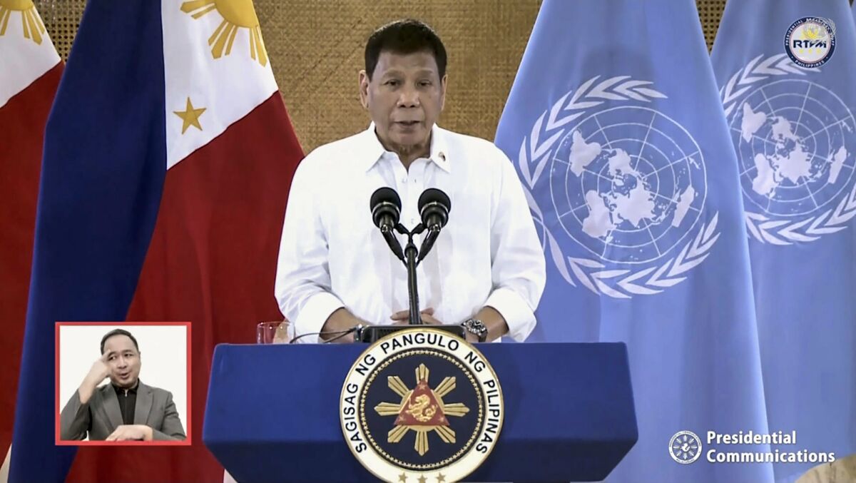 In this photo taken from video shown at United Nations headquarters, Rodrigo Roa Duterte, president of the Philippines, remotely addresses the 76th session of the U.N. General Assembly in a pre-recorded message, Tuesday Sept. 21, 2021. (UN Web TV via AP)