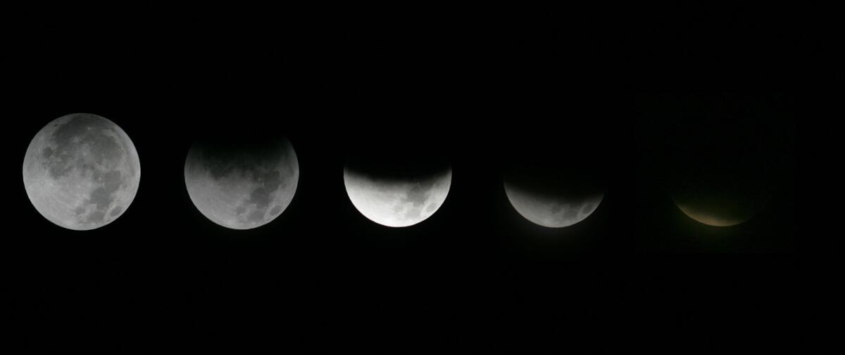 This combination of Dec. 10, 2011, photos shows the different stages of the moon during a lunar eclipse as seen from the Griffith Observatory in Los Angeles.