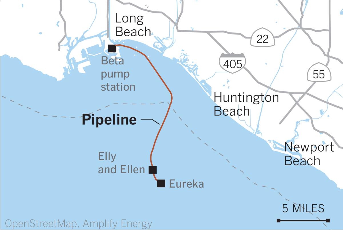 Map showing platforms Elly and Eureka off the Huntington Beach coast.