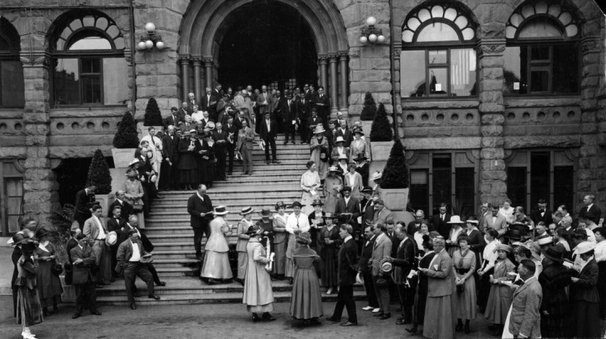 L.A. County employees gather on the steps of the county courthouse