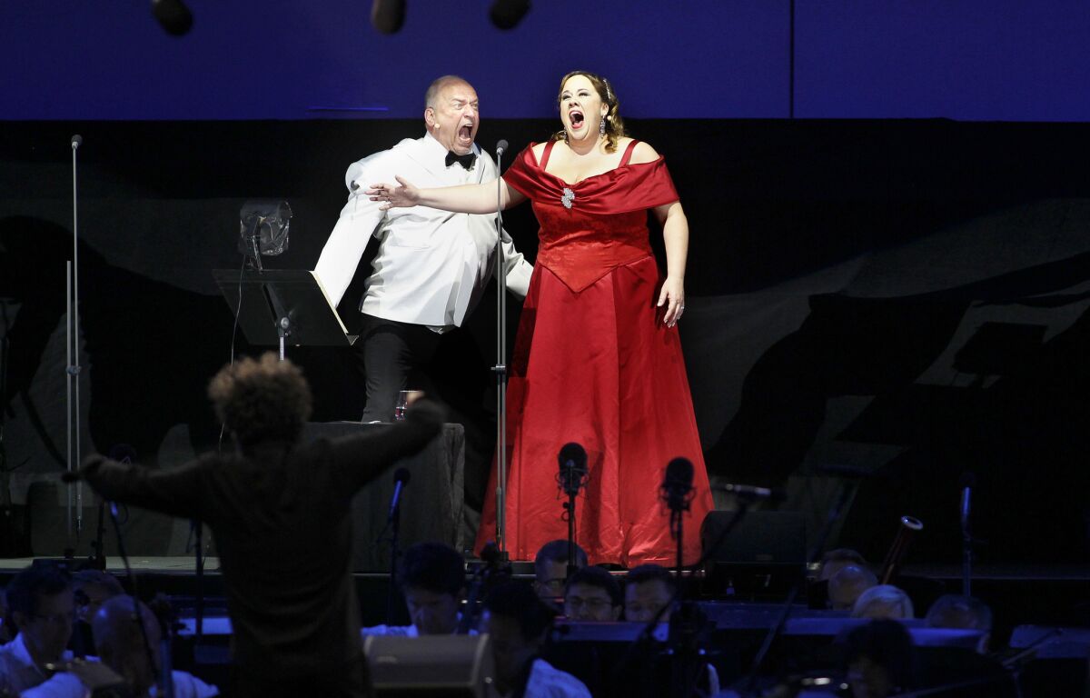 Falk Struckmann and Julianna Di Giacomo in "Tosca" on Sunday at the Hollywood Bowl.