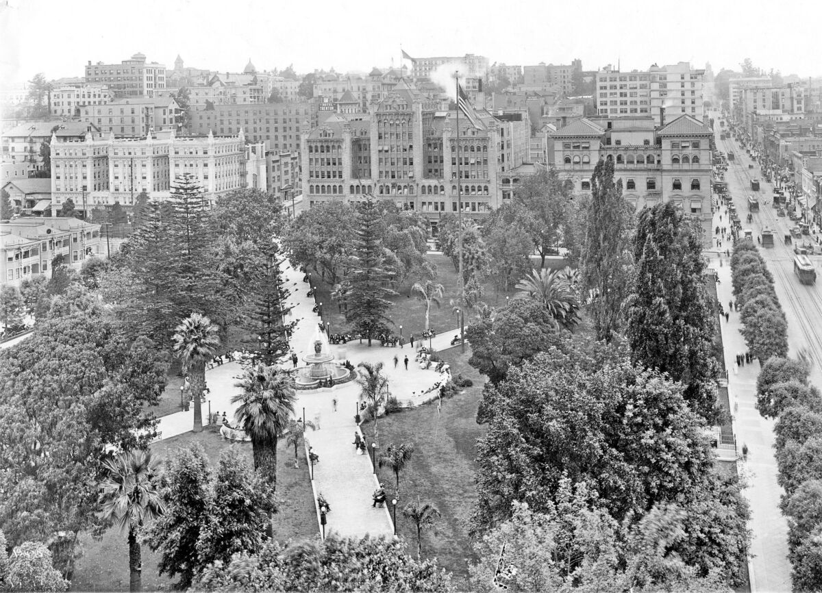 Shown is a northerly view of the public space that was officially designated Pershing Square in 1918.