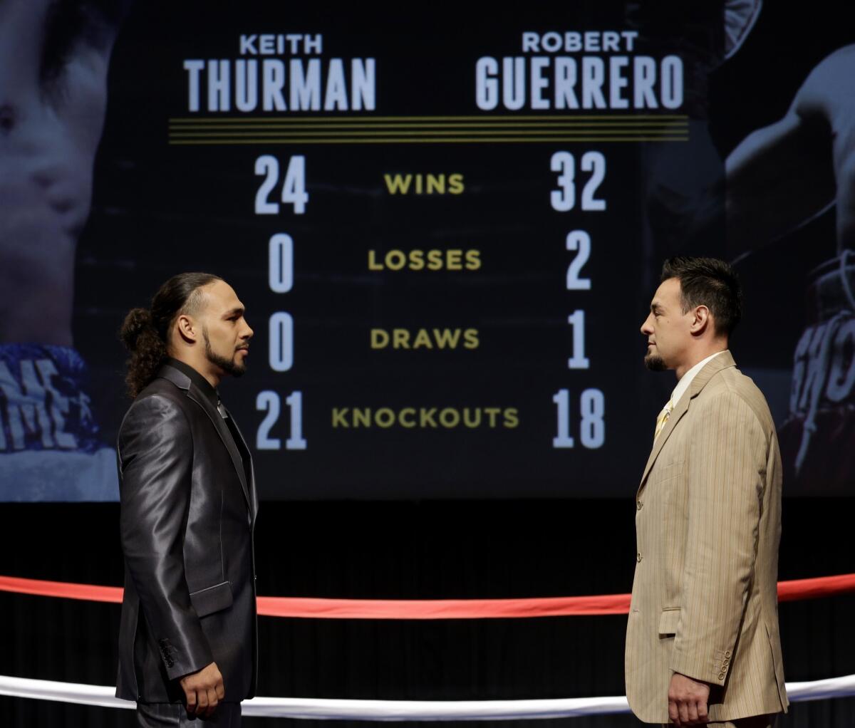 Boxers Keith Thurman, left, and Robert Guerrero pose during a Jan. 14 news conference in New York.