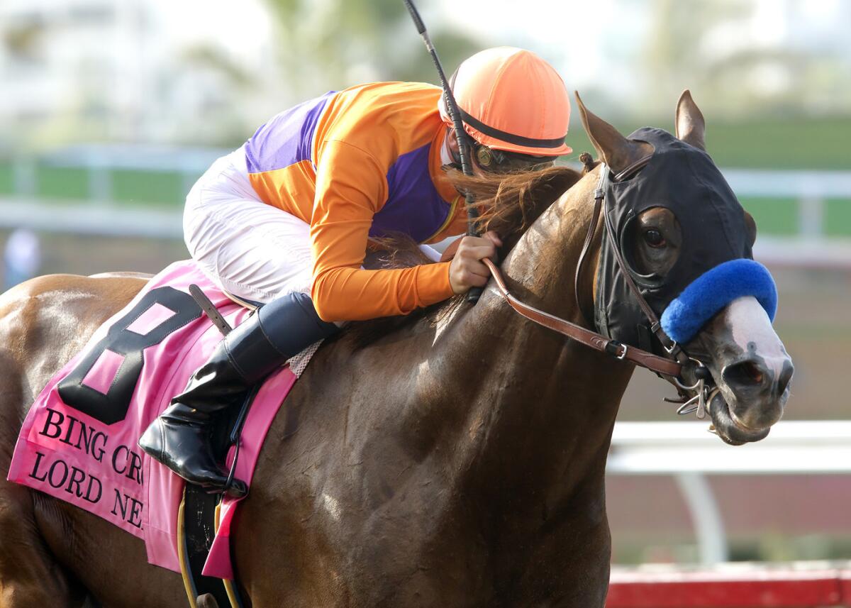 Lord Nelson and jockey Flavien Prat win the Grade I, $300,000 Bing Crosby Stakes on July 31 at Del Mar.