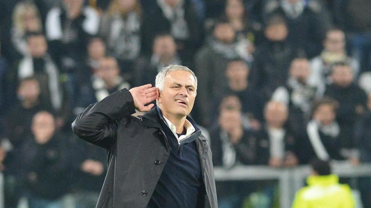 Manchester United's Jose Mourinho taunts the crowd at the end of the UEFA Champions League Group H game against Juventus.