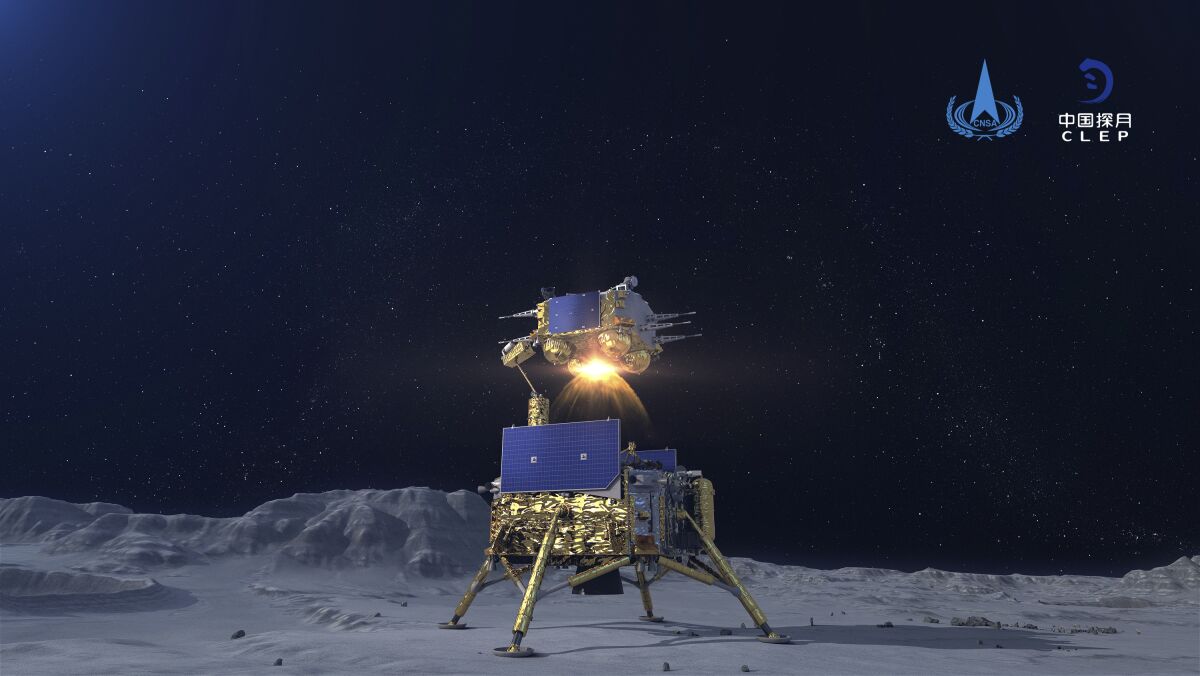 A simulated image of the ascender of Chang'e-5 spacecraft blasting off from the lunar surface