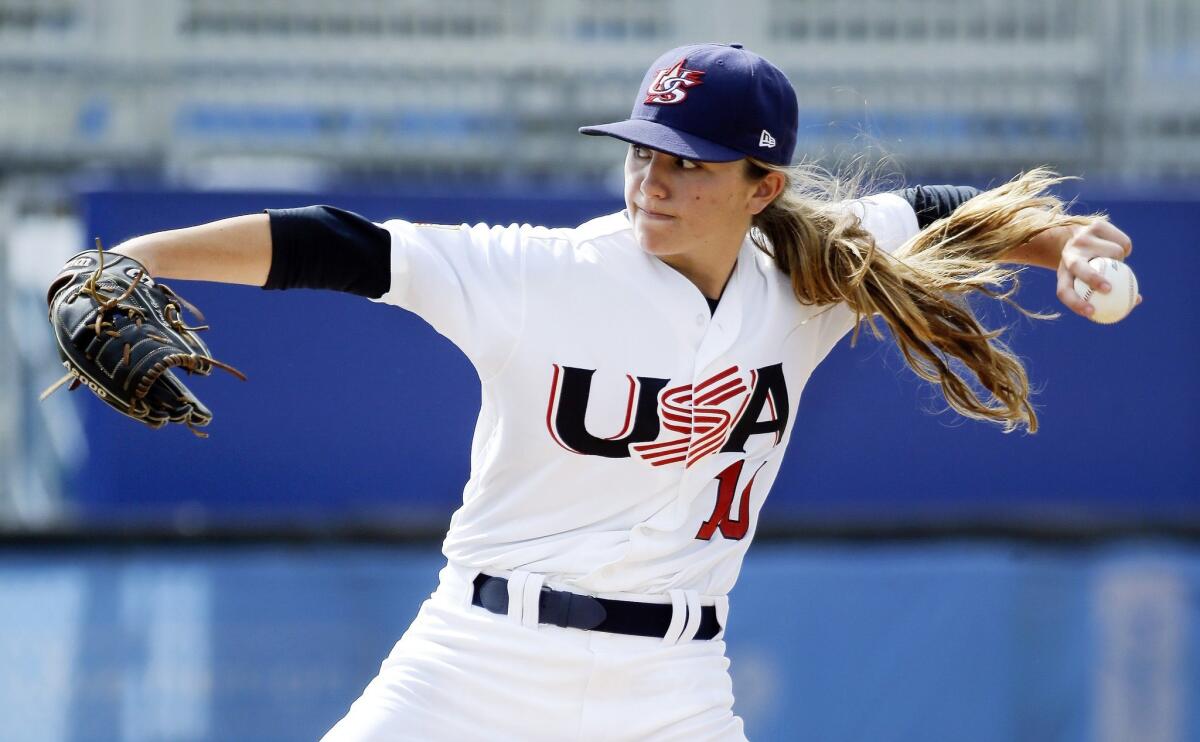 Sarah Hudek pitches for the U.S. during a 10-6 victory over Venezuela at the Pan American Games in Toronto on July 20.