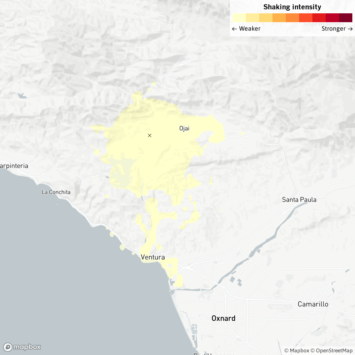 Map showing the location of an earthquake near Ventura