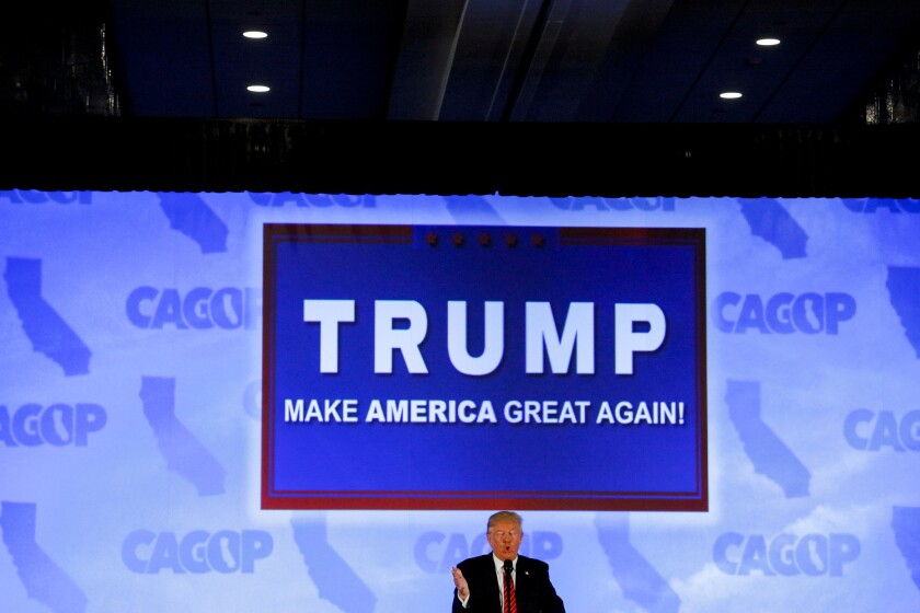 Republican Presidential candidate Donald Trump speaks at the California Republican Convention in Burlingame.