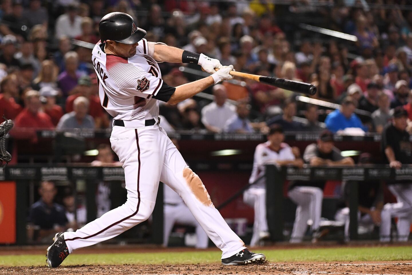 PHOENIX, AZ - SEPTEMBER 26: A.J. Pollock #11 of the Arizona Diamondbacks hits a three-run home run in the fifth inning of the MLB game against the Los Angeles Dodgers at Chase Field on September 26, 2018 in Phoenix, Arizona. (Photo by Jennifer Stewart/Getty Images) ** OUTS - ELSENT, FPG, CM - OUTS * NM, PH, VA if sourced by CT, LA or MoD **