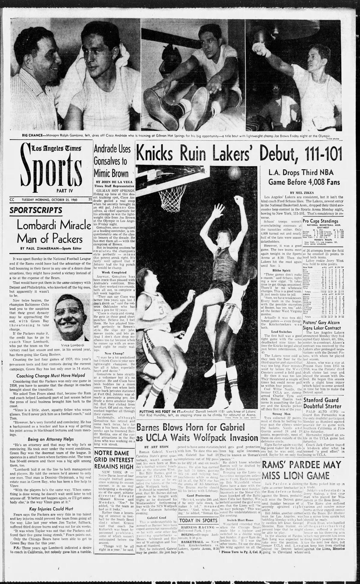 Game story on the Lakers' first game in L.A. in 1960.
