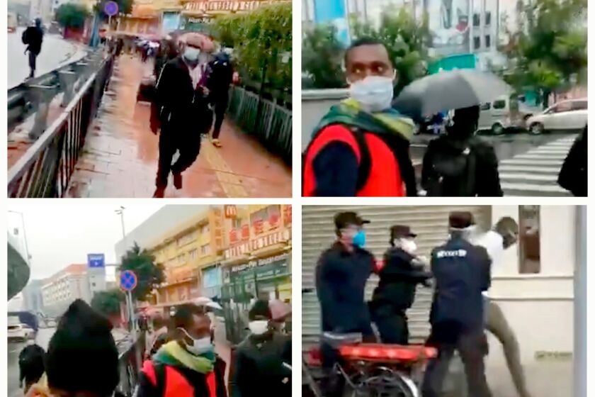 Pictured are Video frame grabs of displaced Africans roam Guangzhou's streets on April 7, 2020, unable to find a hotel that will accept them. Harassed by police but unable to find a place to stay. In the end, Police take some of the Africans to a police station in Guangzhou on April 9, 2020.
