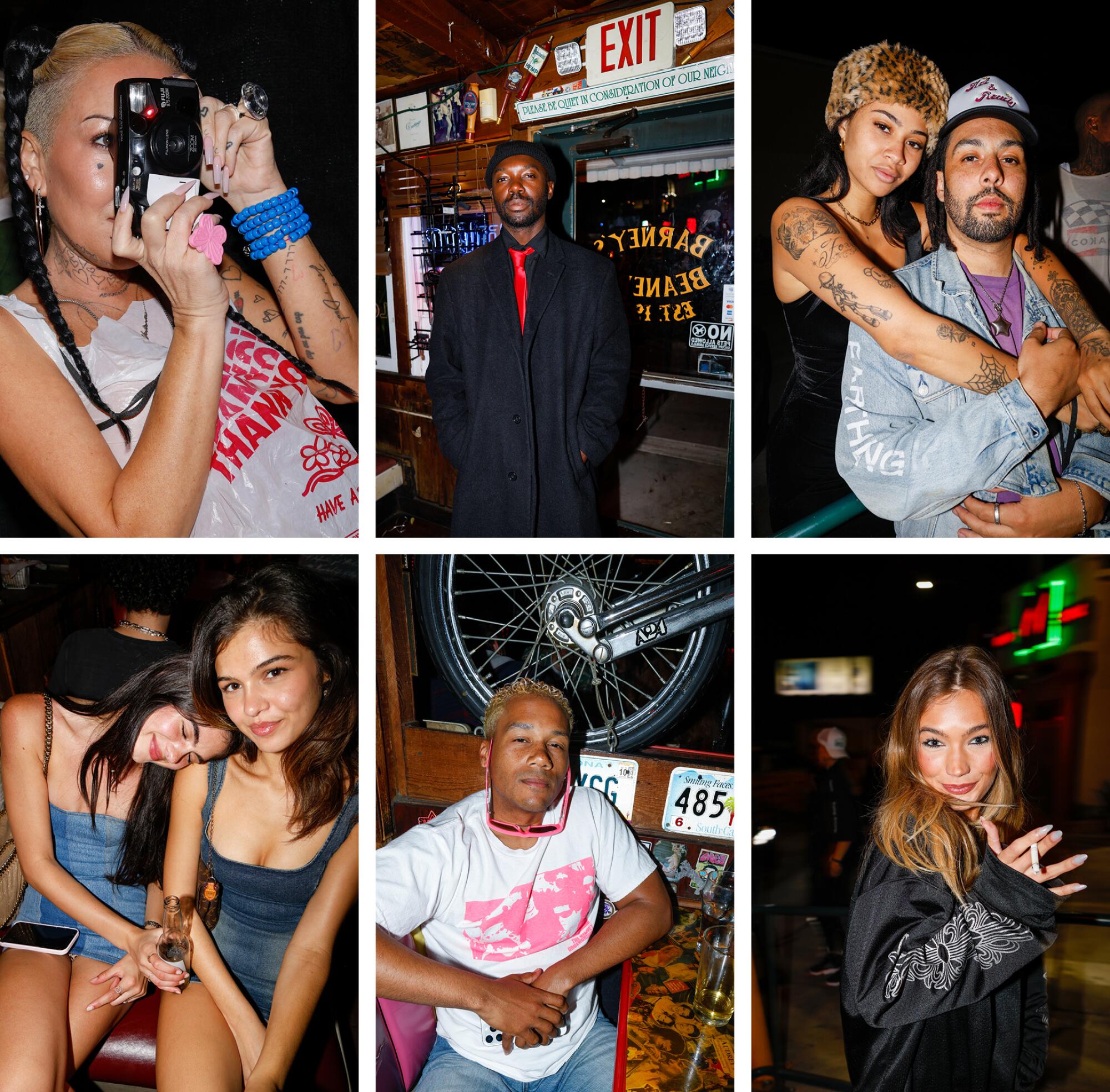 A grid of six portraits depicting various patrons of Barney's Beanery.