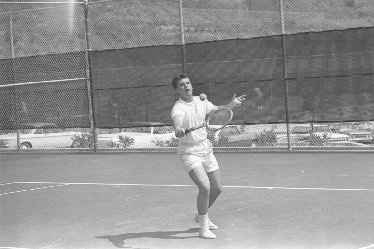 Actor-singer Ricky Nelson playing in the 30th annual Motion Picture Tennis Assn. Tournament in Encino, Calif., in 1964.