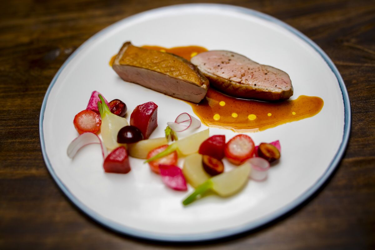 Magret de Canard, maple leaf duck breast, salsify, pear, yam and sauce dolce forte at Spring.