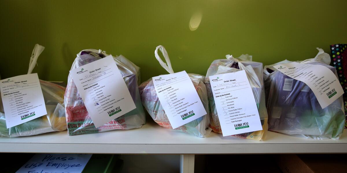 Girl Scout cookies ready for Grubhub pickup, at the Girl Scouts of Orange County headquarters in Irvine.