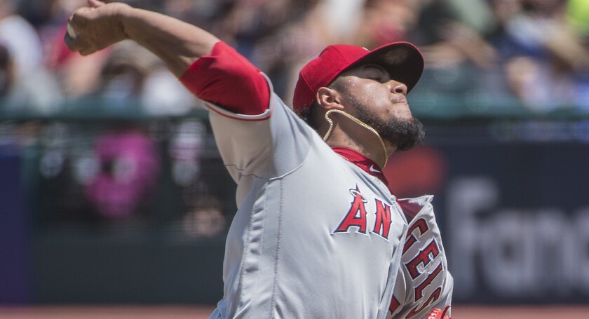 Angels pitcher Jaime Barria delivers a pitch during the team's 6-2 loss to the Cleveland Indians on Sunday.