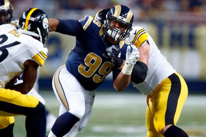 Rams defensive tackle Aaron Donald breaks into the Steelers' backfield during a game on Sept. 27.