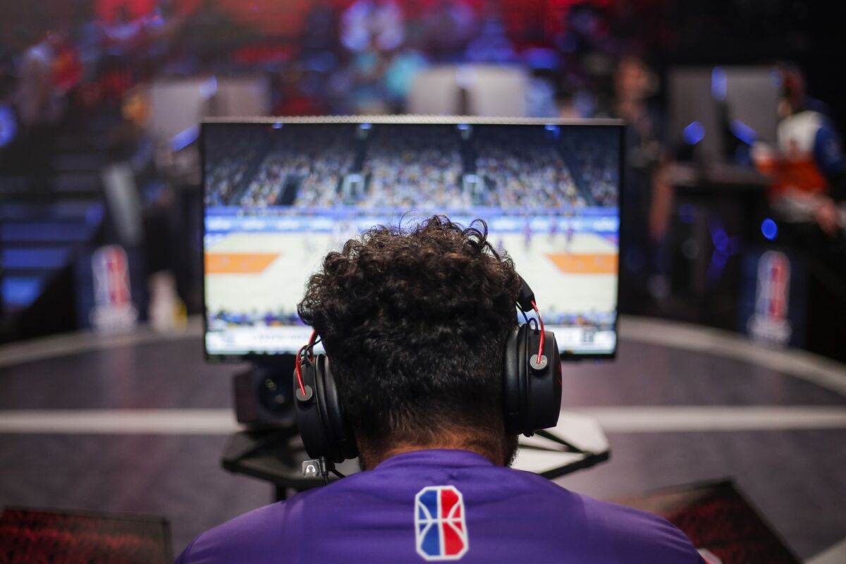 Lakers Gaming small forward Kevin Alvarado plays against Knicks Gaming at the NBA 2K League Studio in Long Island.