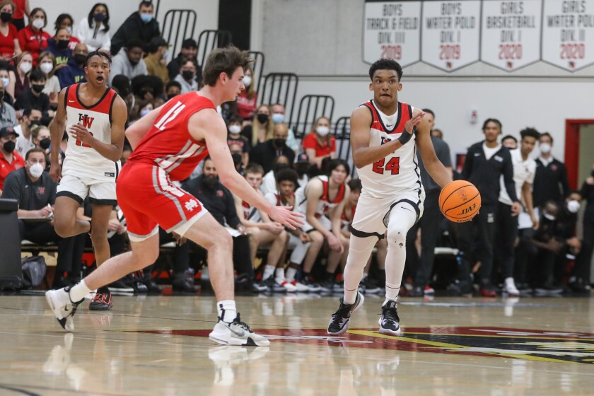 Harvard-Westlake's Cameron Thrower drives against Mater Dei.