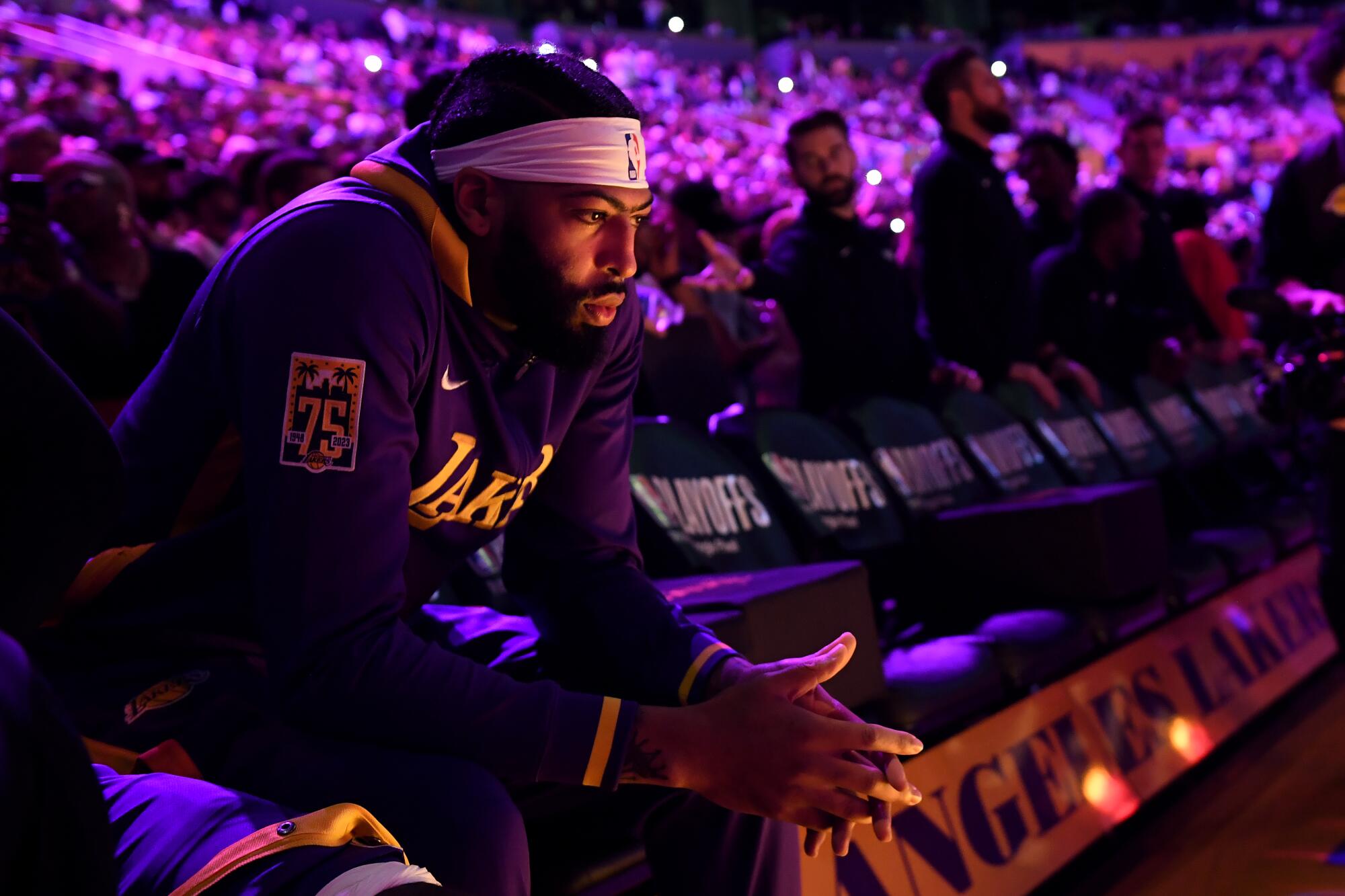 Lakers star Anthony Davis waits to be introduced before Game 3 of the Western Conference semifinals.