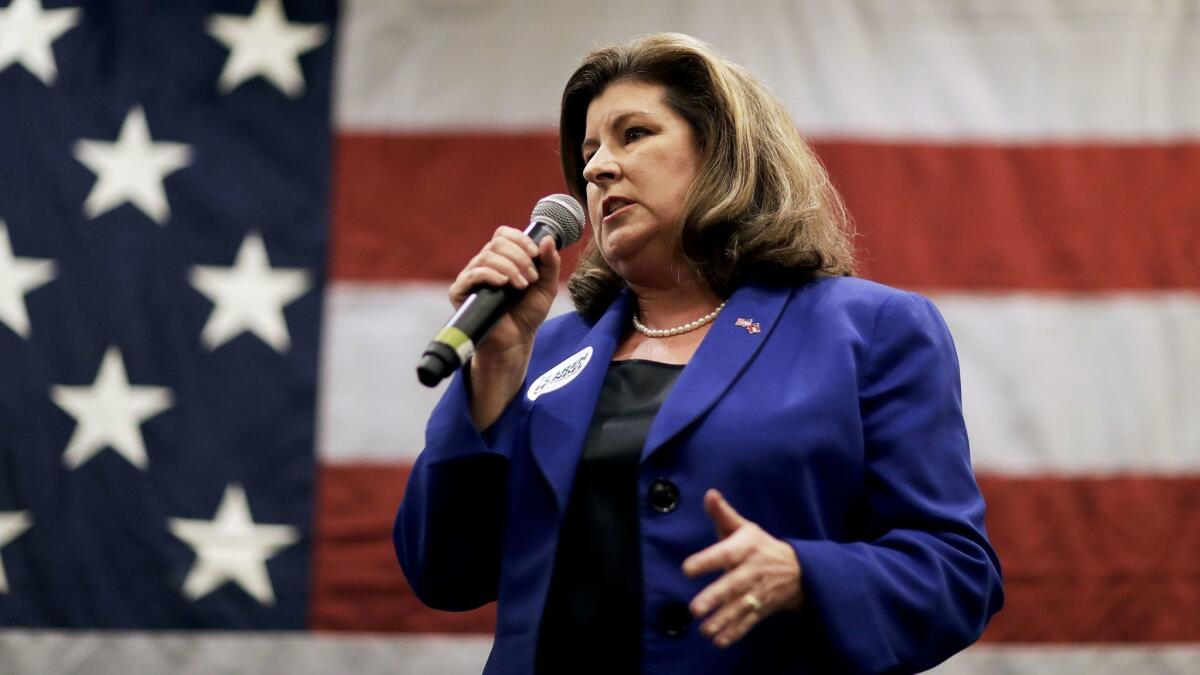 Karen Handel, the Republican candidate for the 6th Congressional District, speaks at a campaign event.