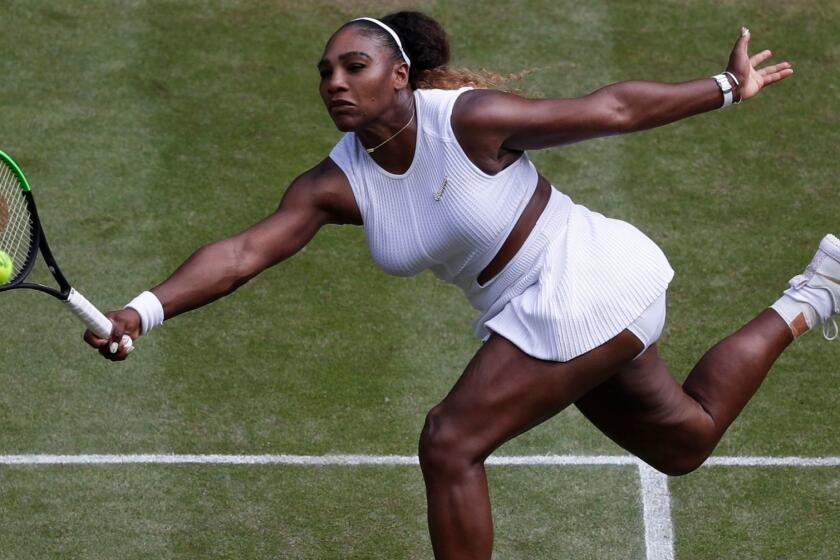 TOPSHOT - US player Serena Williams returns against Czech Republic's Barbora Strycova during their women's singles semi-final match on day ten of the 2019 Wimbledon Championships at The All England Lawn Tennis Club in Wimbledon, southwest London, on July 11, 2019. (Photo by Alastair Grant / POOL / AFP) / RESTRICTED TO EDITORIAL USEALASTAIR GRANT/AFP/Getty Images ** OUTS - ELSENT, FPG, CM - OUTS * NM, PH, VA if sourced by CT, LA or MoD **
